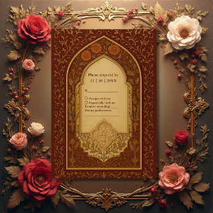 Golden terracotta Arabian Blommigt Arch Bröllop OSA Kort