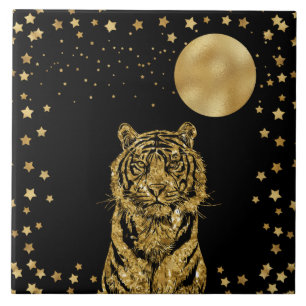 Golden Tiger Stars och Måne på Black Kakelplatta