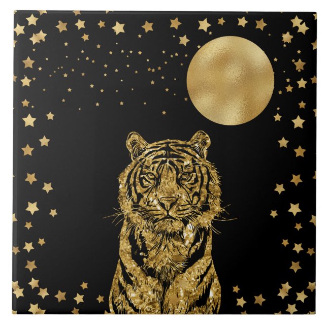 Golden Tiger Stars och Måne på Black Kakelplatta (Framsidan)