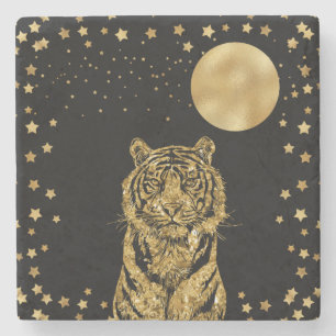 Golden Tiger Stars och Måne på Black Stenunderlägg