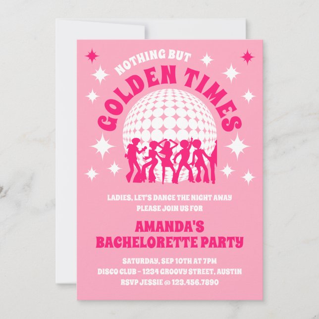 Golden Times Groovy Rosa Bachelorette Party Inbjudningar (Framsida)