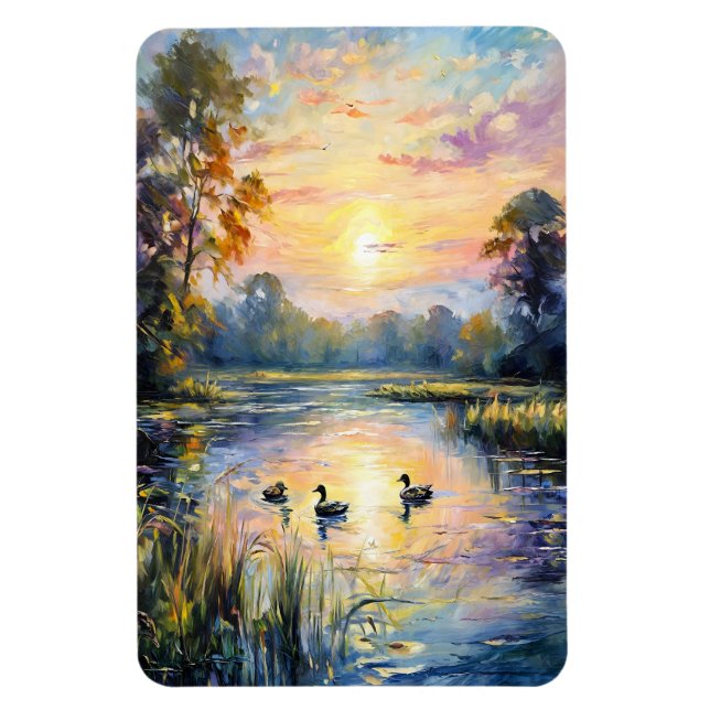 Golden Tranquilitet Sunset Pond Ligge med Anka Magnet (Vertikal)