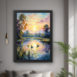 Golden Tranquilitet Sunset Pond Ligge med Anka Poster