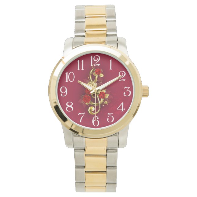 Golden Treble Clef med Ro Flowers Armbandsur (Framsida)