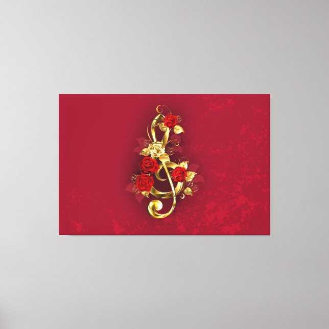 Golden Treble Clef med Ro Flowers Canvastryck (Framsida)