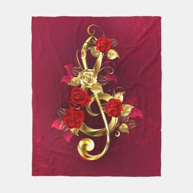 Golden Treble Clef med Ro Flowers Fleecefilt (Framsidan)