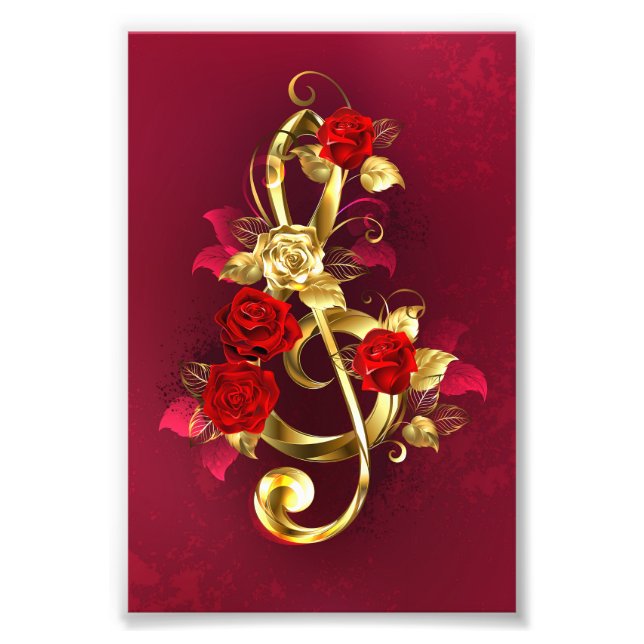 Golden Treble Clef med Ro Flowers Fototryck (Framsidan)