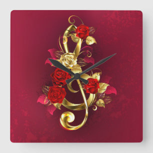 Golden Treble Clef med Ro Flowers Fyrkantig Klocka