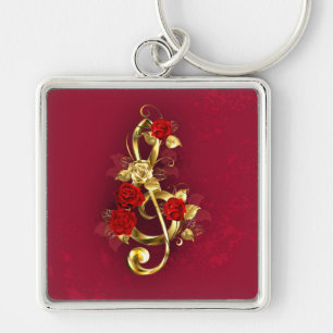 Golden Treble Clef med Ro Flowers Fyrkantig Silverfärgad Nyckelring