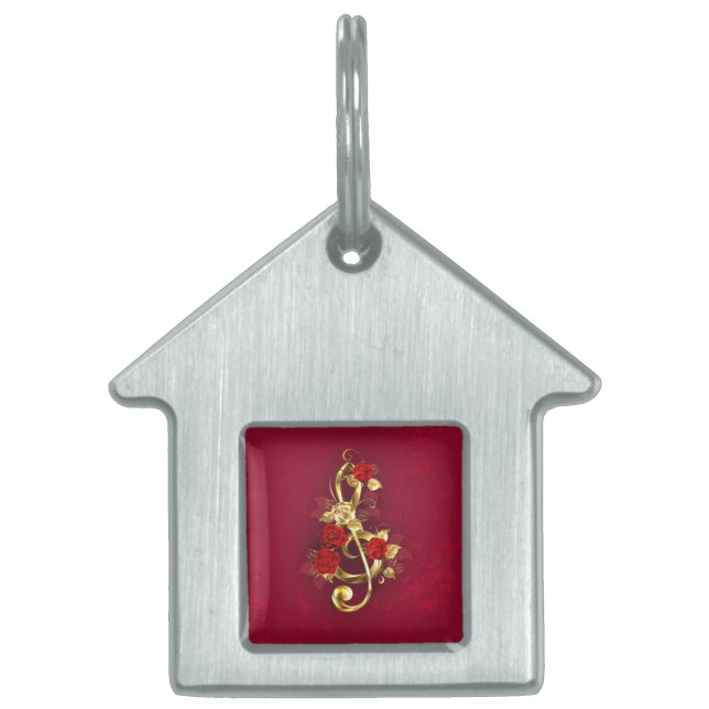Golden Treble Clef med Ro Flowers ID-bricka Husdjur (Framsidan)