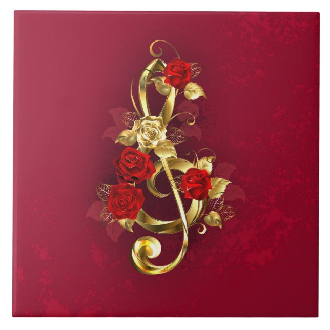 Golden Treble Clef med Ro Flowers Kakelplatta (Framsidan)