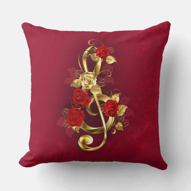 Golden Treble Clef med Ro Flowers Kudde (Framsida)