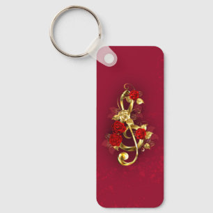 Golden Treble Clef med Ro Flowers Nyckelring