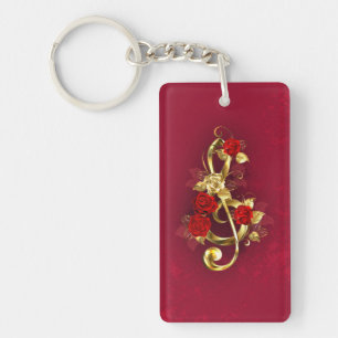 Golden Treble Clef med Ro Flowers Nyckelring