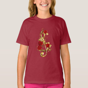 Golden Treble Clef med Ro Flowers T Shirt