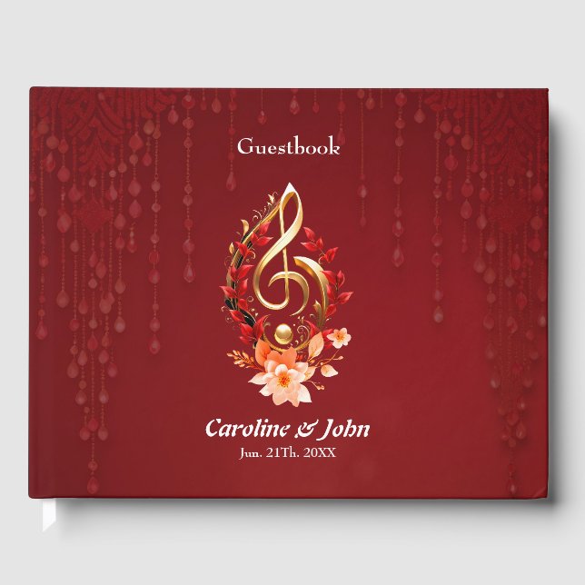 Golden treble clef med röd löv. gästböcker (Framsida)