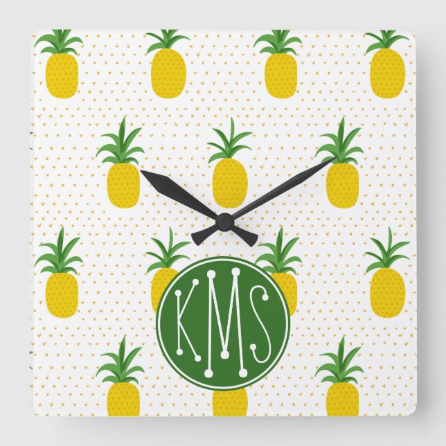Golden Tropical Pineapples | Monogram Fyrkantig Klocka (Framsida)