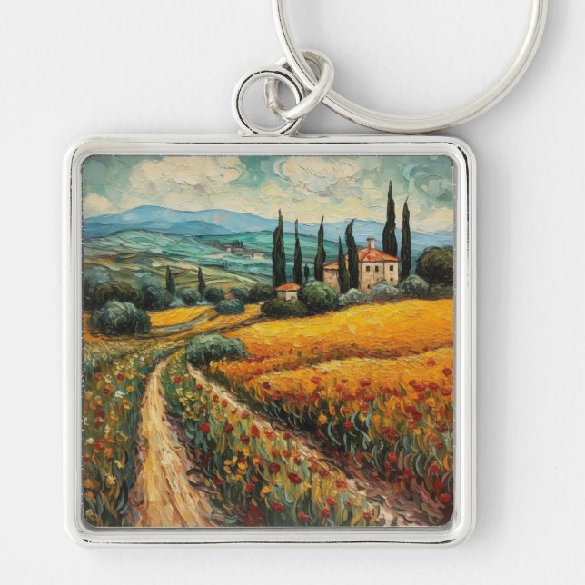 Golden Tuscany Dreams Fyrkantig Silverfärgad Nyckelring (Framsidan)