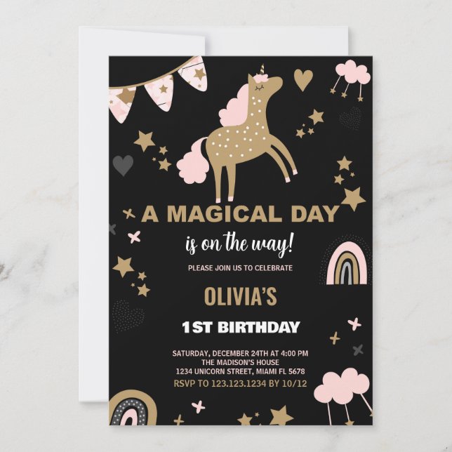 Golden Unicorn Birthday-inbjudningar Inbjudningar (Framsida)