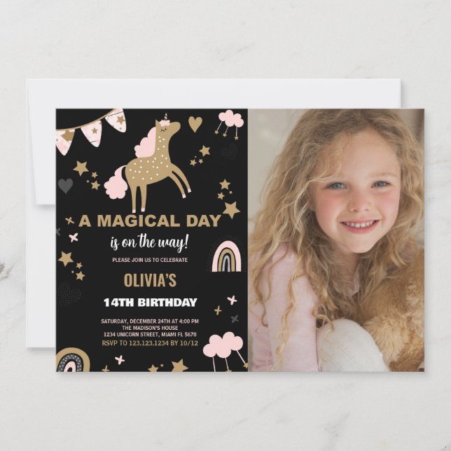 Golden Unicorn Birthday-inbjudningar med foto Inbjudningar (Framsida)