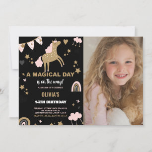 Golden Unicorn Birthday-inbjudningar med foto Inbjudningar