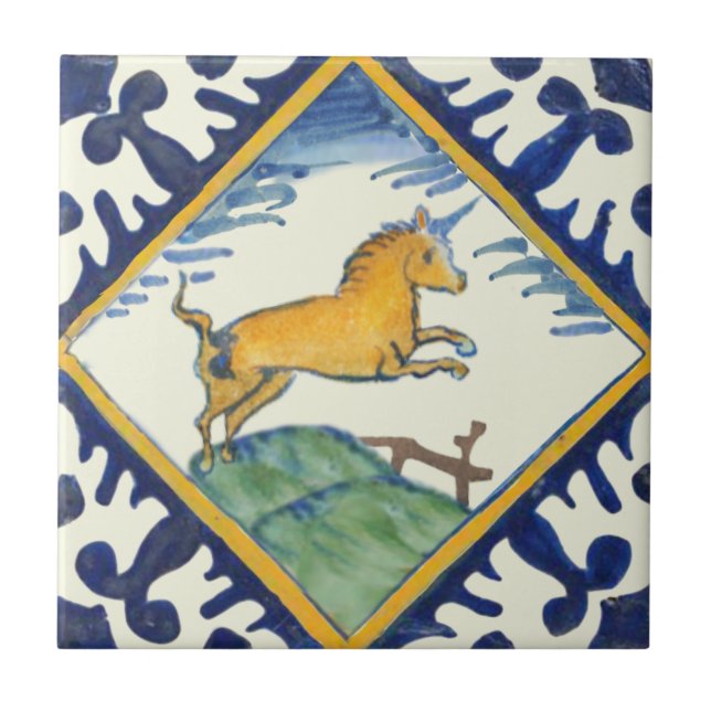 Golden Unicorn Hand Paden Tidigt Delft Repro  Kakelplatta (Framsidan)
