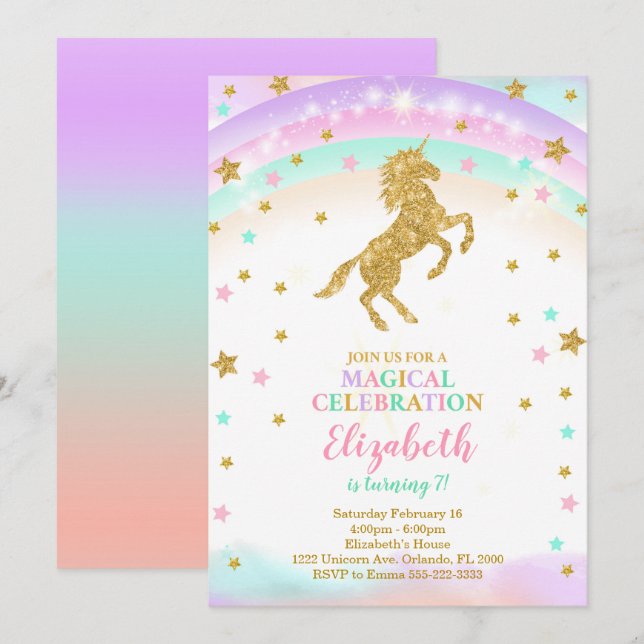 Golden Unicorn inbjudan med Glitter Stars (Fram/baksida)