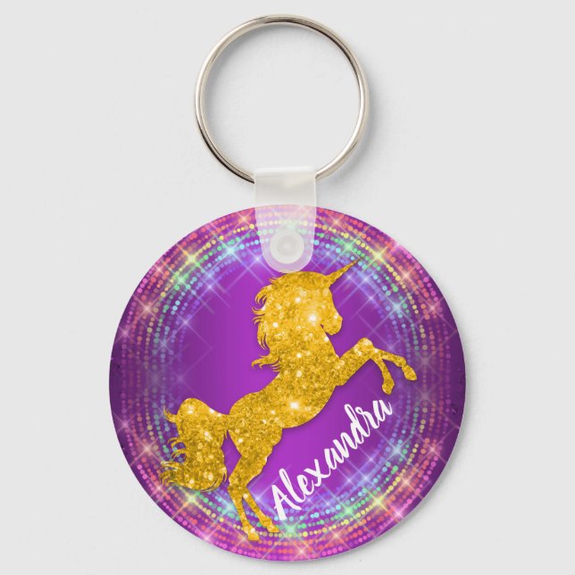 Golden Unicorn Rainbow Sparkles Lila Nyckelring (Framsida)