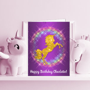 Golden Unicorn Rainbow Sparkles on Lila Birthday Kort