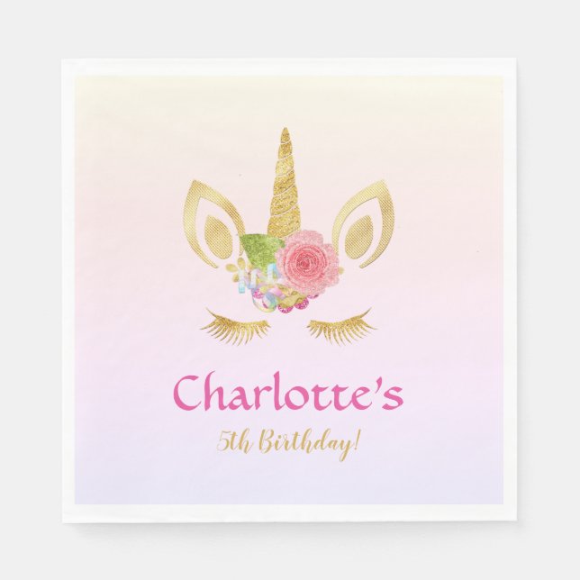 Golden Unicorn Rosa Rainbow Personlig Birthday Pappersservett (Framsidan)