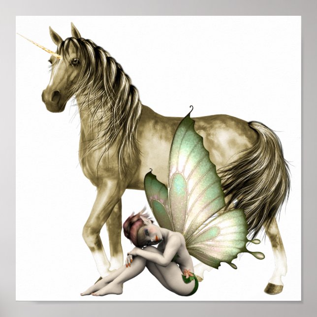 Golden Unicorn & Shy Fairy Print Poster (Framsidan)