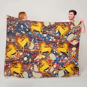 GOLDEN UNICORNS,RED BLUE MARBLED EFFECECTS,CIRKLES FLEECEFILT