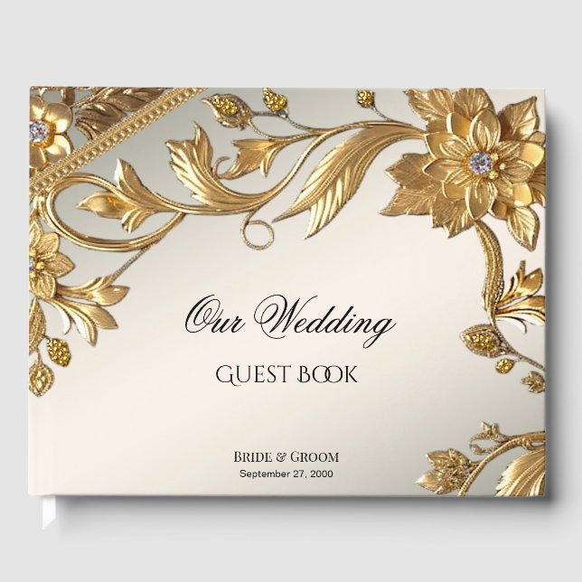 Golden Vågigt Löv Blommigt Guest Bok (Framsida)