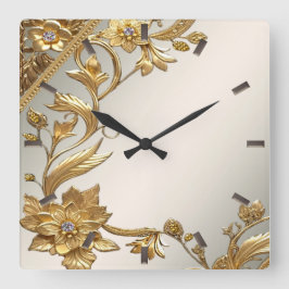 Golden Vågigt Löv Blommigt Wall Clock Fyrkantig Klocka