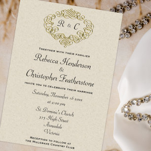 Golden Vapensköld Monogrammed Elegance: Beige Bröl Inbjudningar