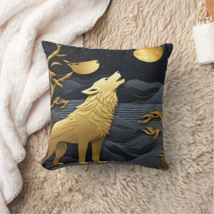 Golden Varg Howling under en hel måne Kudde