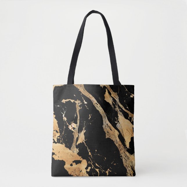 Golden Veins on Black Marble-Abstrakt Luxe Struktu Tygkasse (Framsida)