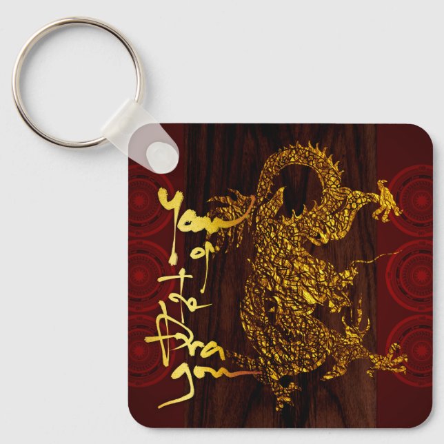 Golden Vietnamese Dragon New Year Monogram SqK Nyckelring (Framsida)