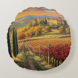 Golden Vineyard Path – Round Throw Pillow Rund Kudde