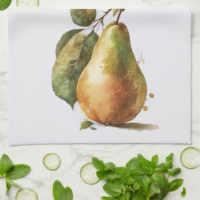 Golden Watercolor Pears Towel, sommar Kökshandduk (Vikta)