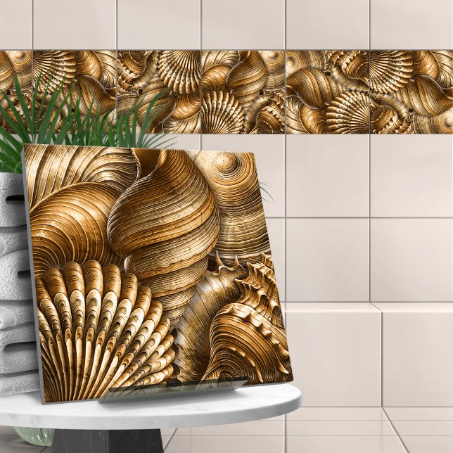 Golden Watercolor Seashells mönster Kakelplatta (Skapare uppladdad)