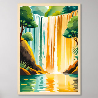 Golden Waterfall-målning med Rocky Omgivande Poster
