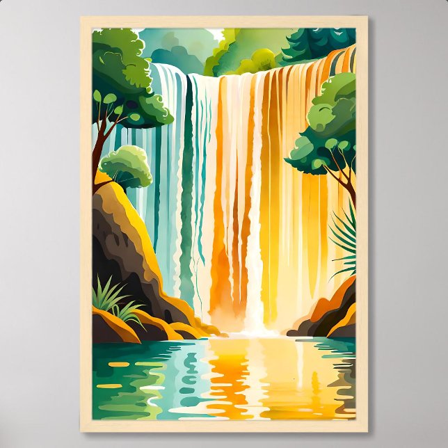 Golden Waterfall-målning med Rocky Omgivande Poster (Golden Waterfall Painting with Rocky Surrounding)