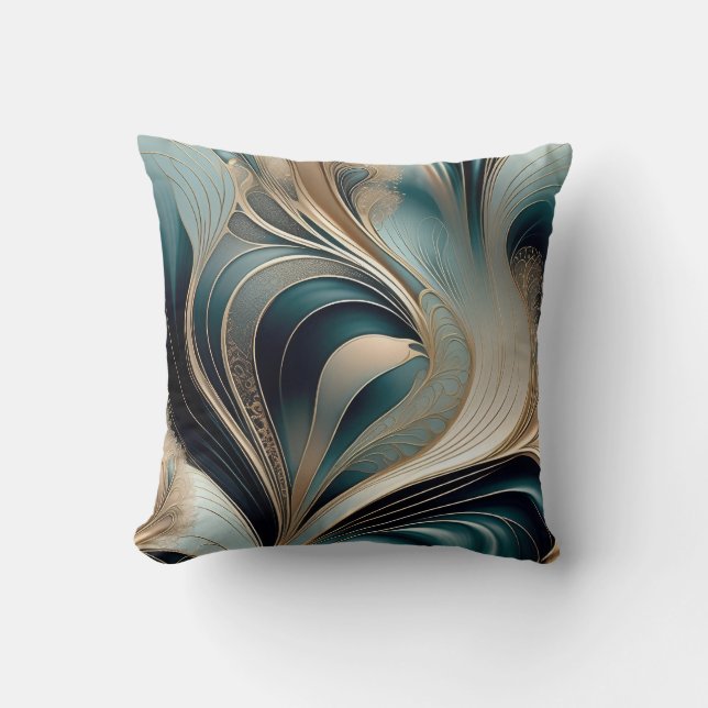 Golden Wave - Teal och Guld Abstrakt Konst Kudde (Framsida)