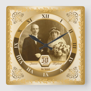 Golden Wedding Anniversary Customizable Photo Gift Fyrkantig Klocka