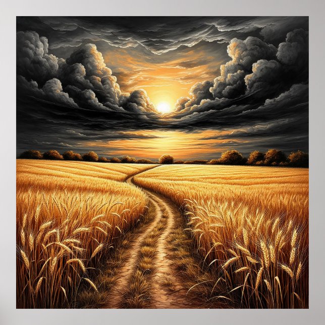 Golden Wheatfield vid Sunset med Dramatic Himmel Poster (Framsidan)