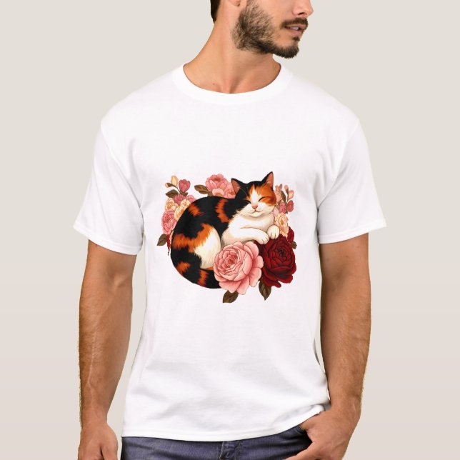 Golden Whiskers: Calico Cat in Rose Reverie T Shirt (Framsida)