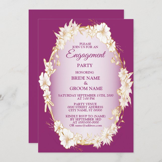 Golden White Floral Pink Rustic Engagement Party  Inbjudningar (Fram/baksida)