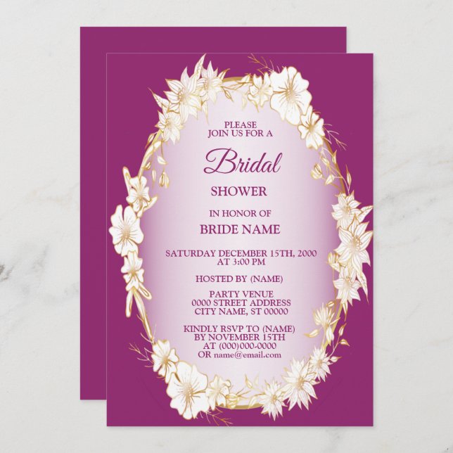Golden White Floral Pink Wedding Bridal Shower Inbjudningar (Fram/baksida)