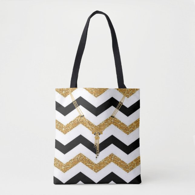 Golden, White och Black Zigzag med Necklace Tygkasse (Framsida)